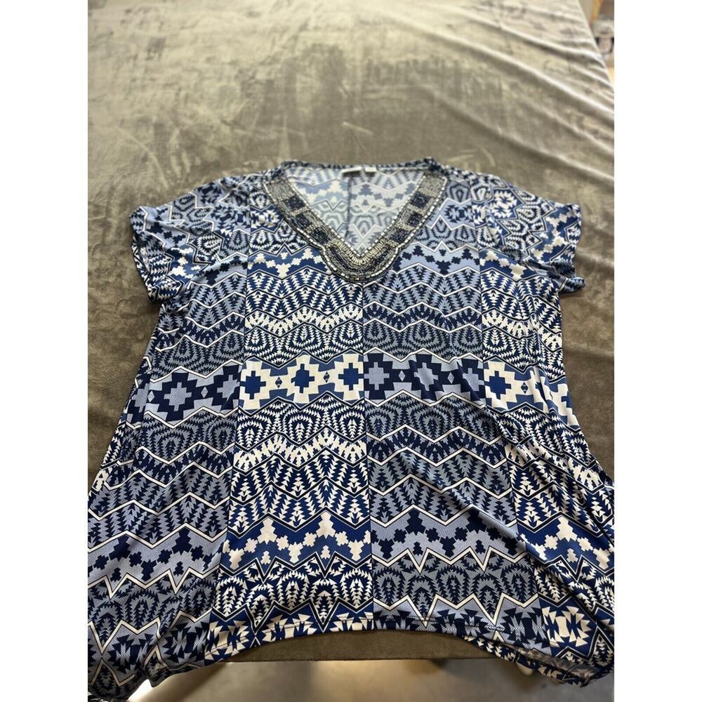 Cato Pull-over Tunic Blouse Plus 22/24W Blue & White‎ Beaded V-neck short sleeve